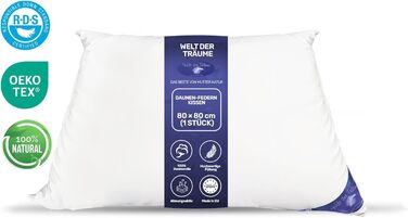 Пухова подушка Світ мрій з 1 пухом 3-камерна подушка Трикамерна подушка 80x80 см Вага наповнювача 1400 грамів Чохол 100 бавовна Пухова подушка Не вищипує живих істот Білий