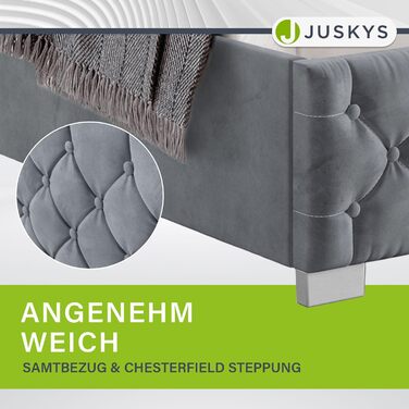 Ліжко Juskys Nice з м&39якою оббивкою 120x200 см, оксамитове, з місцем для зберігання, світлодіодним освітленням та рейковою основою - стьобане узголів&39я та честерфілдська стьобана тканина - каркас ліжка - сірий 120 x 200 см