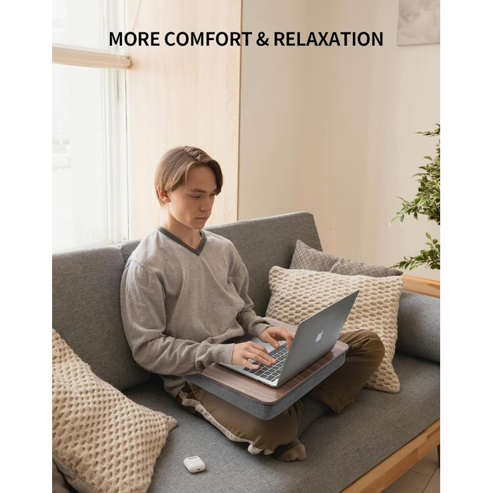 Стіл для ноутбука з подушкою, портативний столик для ліжка, сумісний з ноутбуками до 15,6 дюймів (39,6 см), підставка для ліжка, дивана та килима, підставка для книг, планшетів та графічних планшетів, темне коричневе дерево