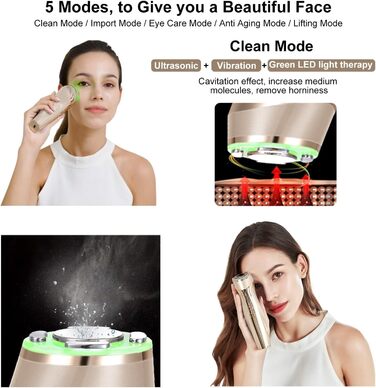 Радіочастотний та ультразвуковий пристрій для обличчя, 5 в 1 масажер для обличчя для видалення зморшок RF EMS світлотерапія, для підтяжки обличчя масаж проти зморшок проти старіння, перезаряджається від USB