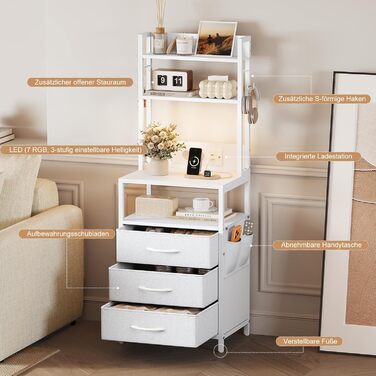 Приліжковий столик Dripex із функцією зарядки та світлодіодним підсвічуванням, бічний столик із 3 тканинними шухлядами, тумбочка з книжковою полицею, відкритим відділенням, 2 порти змінного струму, 1 USB та 1 порт типу C, для спальні, вітальні, офісу (біл