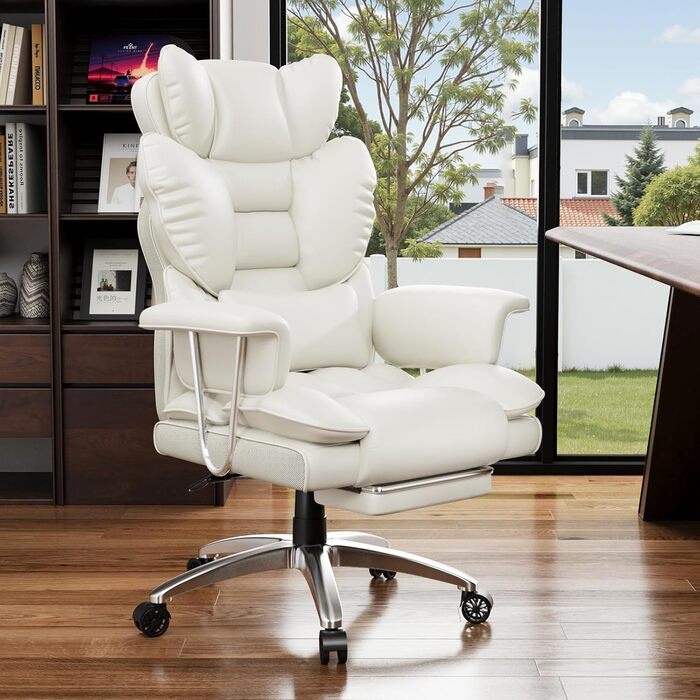 Ергономічне офісне крісло з висувною підставкою для ніг, регульоване по висоті робоче крісло, велика м&39яка спинка, індивідуальна поперекова підтримка, крісло керівника зі штучної шкіри, білий колір з підставкою для ніг