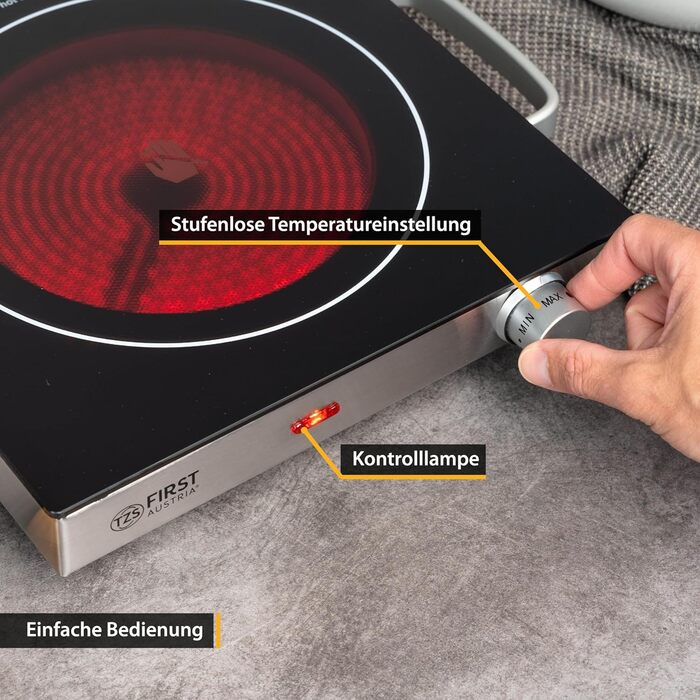 Перша інфрачервона керамічна плита TZS в Австрії ВСІ види горщиків Одинарна конфорка 17,5см Варильна поверхня для переїзду, кемпінгу, будинку для відпочинку - швидке нагрівання та плавне регулювання - один світловий індикатор з чорними ручками