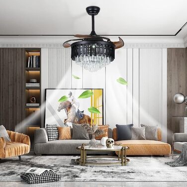 Тиха лампа вентилятора Розкішний кришталевий стельовий вентилятор зі світлом Висувні лопаті люстра вентилятор лампа з пультом дист