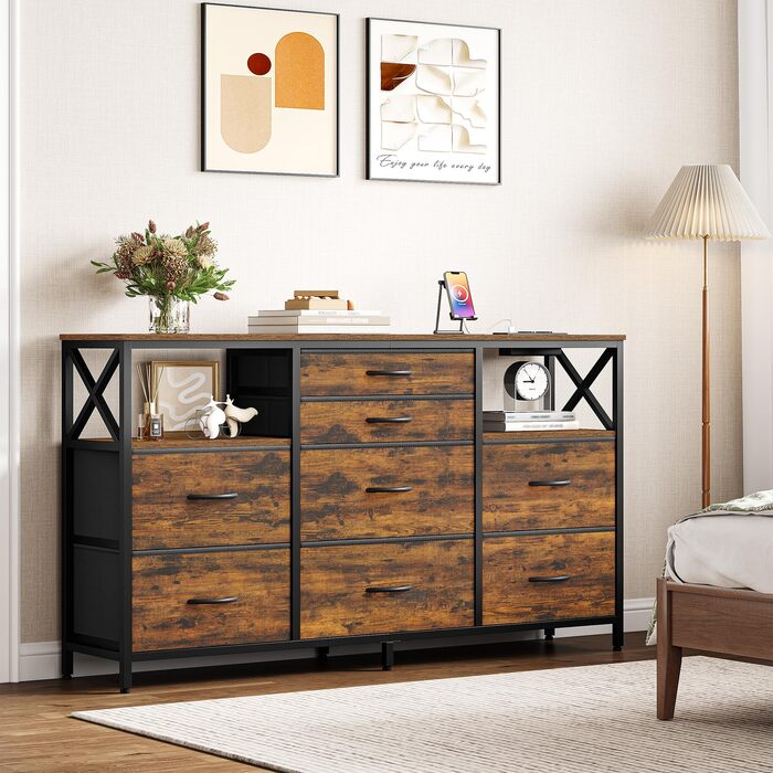 Комод Hzuaneri 140 см, 2 порти USB та 2 порти змінного струму, комод з 8 тканинними шухлядами, універсальні меблі для зберігання речей у вітальні та спальні, 30 x 140 x 86 см, вінтажний DU03801BEU