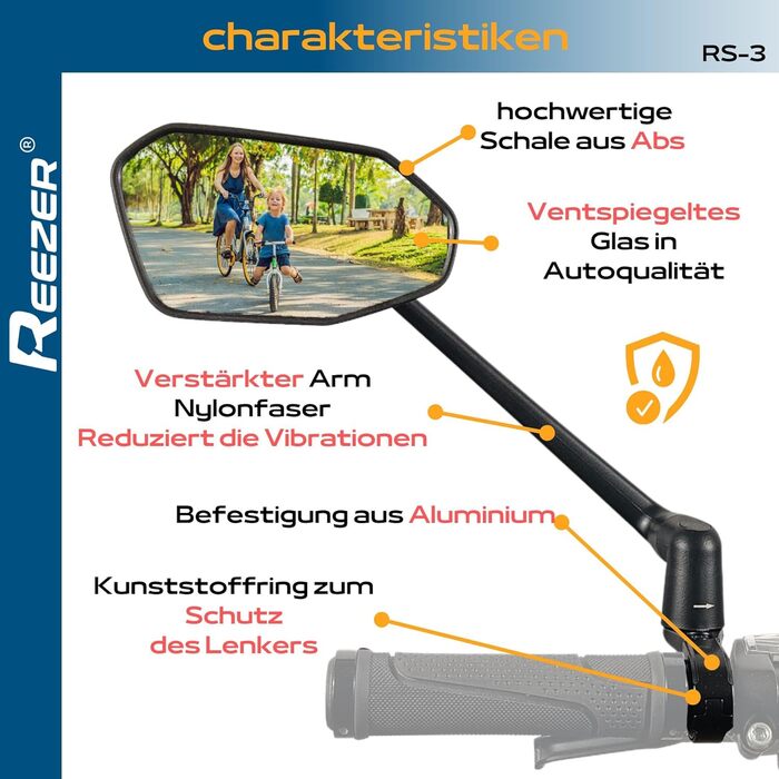 Лівостороннє велосипедне дзеркало REEZER RS3 з надзвичайно великою дзеркальною поверхнею - Регульоване на 360 велосипедне дзеркало для керма електровелосипеда та електросамоката - Дзеркало заднього виду, сумісне з усіма моделями - ЛІВОРУЧЕ
