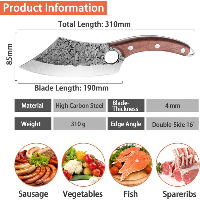 Ніж для обвалювання Ніж для рубки Кухонний ніж у шкіряних піхвах Ніж ручної ковки Дамаський професійний ніж Вікінгський ніж Японсь