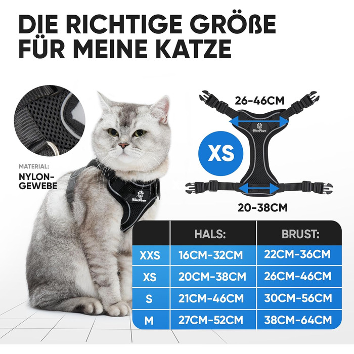 Шлейка для котів Blue Pawz з повідком - 170 см Шлейка для котів, захищена від втечі та високоякісна Повідець зі шлейкою для котів Шлейка для котів для незабутніх моментів (XS), чорна