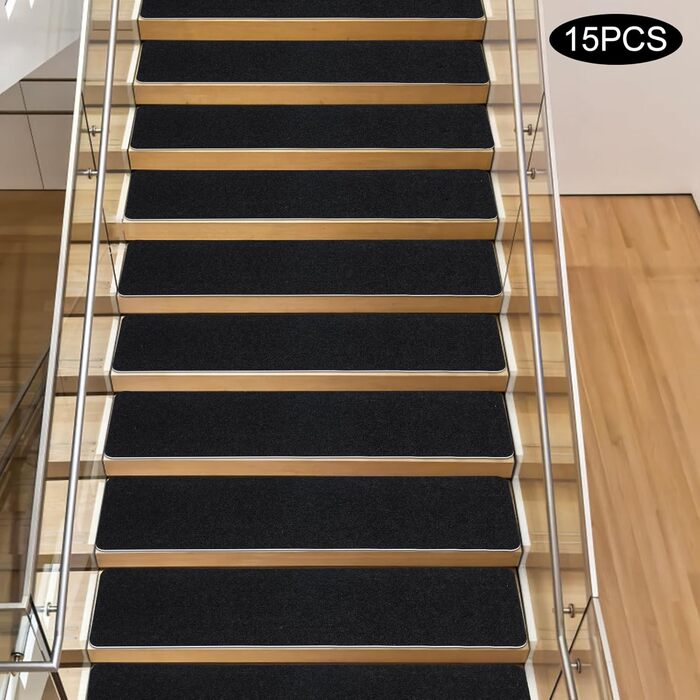 Комплект із 15 фетрових сходинок, 60x12 см, самоклеючі, чорні, нековзні, шумопоглинаючі для використання всередині приміщень, безпечні для дітей та домашніх тварин, килимове покриття для сходів