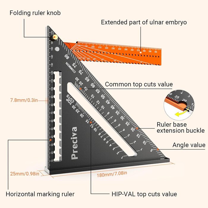 Столярний кутник, косинець Preciva Багатофункціональний складаний трикутник Лінійка з алюмінієвого сплаву для деревообробки, майстрування, ремесел