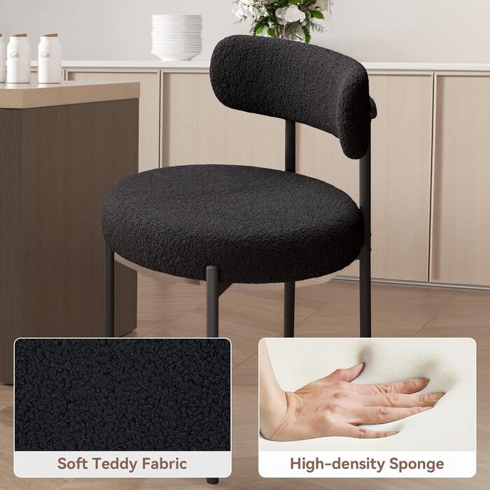 Обідні стільці, комплект з 4 шт. Круглі стільці з букле з тканини Teddy Кухонні стільці з м&39якою оббивкою в стилі середини століття Обідні стільці з металевими ніжками Чорний FU01031BL-4 Комплект з 4 чорних