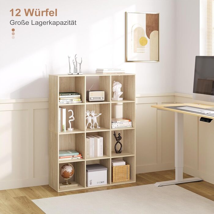 Книжкова полиця eSituro з 12 відділеннями, окремостояча кубічна полиця, відкрита полиця-перегородка для кімнати, сучасна стояча полиця, для вітальні, дитячої кімнати, офісу, спальні, 9120x29 см, світлий дуб