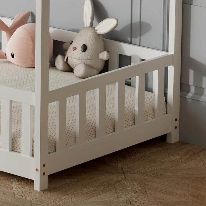 Дитяче ліжко ecomi 80x160 Ліжко на підлозі Дитяче ліжко-ліжко-будиночок із захистом від падіння та рейковою основою для дітей Дитячі ліжка для дівчаток та хлопчиків Масив сосни білого кольору 80x160 Білий