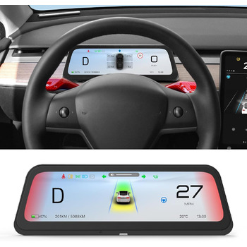 Для Tesla Model Y (2019-24) та Model 3 (2017-23) 9,66-дюймове антиблікове покриття, попередження про сліпі зони, барвисте підказування смуги руху/динамічний світловий ефект, бездротовий CarPlay/Android Auto, синхронізація даних