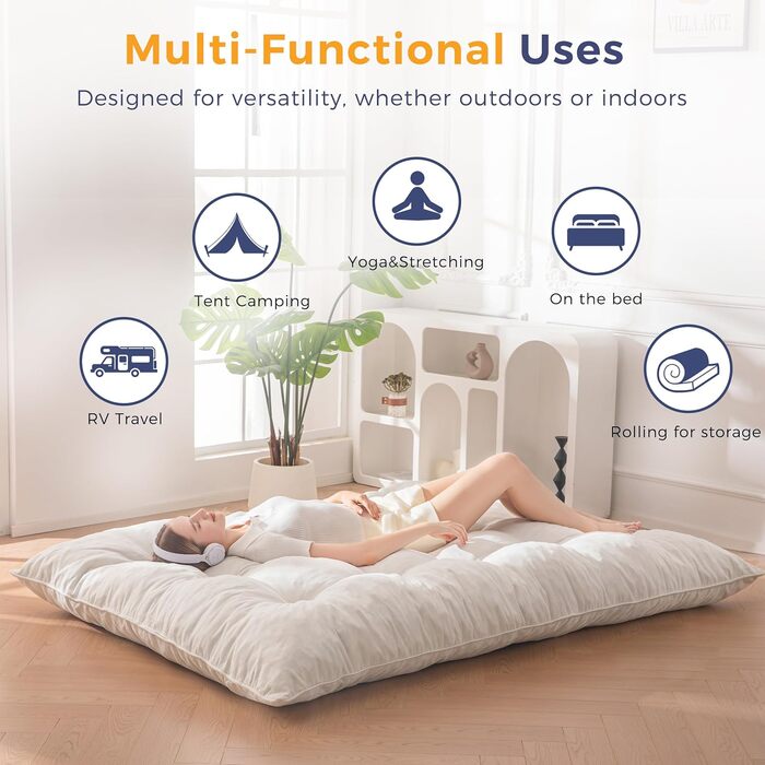 Матрац MAXYOYO футон, тканина шенил, товщина 15 см, може використовуватися як диван-ліжко, виготовлений на ґудзиках, складний гостьовий матрац для вітальні/спальні, кремовий, 135 x 200 см