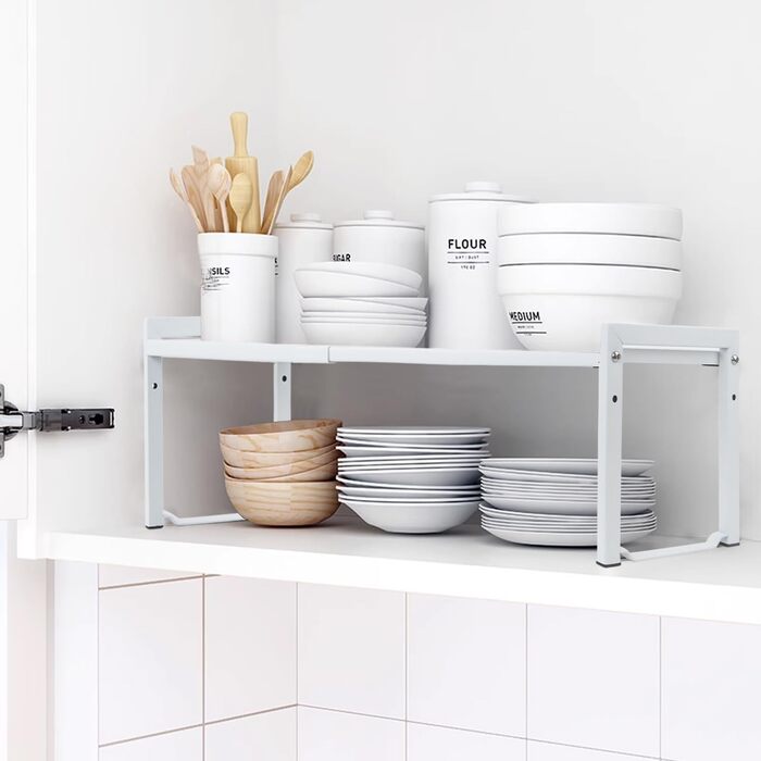 Розширювана полиця для шафи, 66 см, штабелюваний органайзер для кухонної стільниці, кухонна полиця для спецій, полиця для комори, регульований органайзер для шафи, полиця для зберігання речей для кухні та офісу (2 шт., білий M) Білий 2 шт., білий M