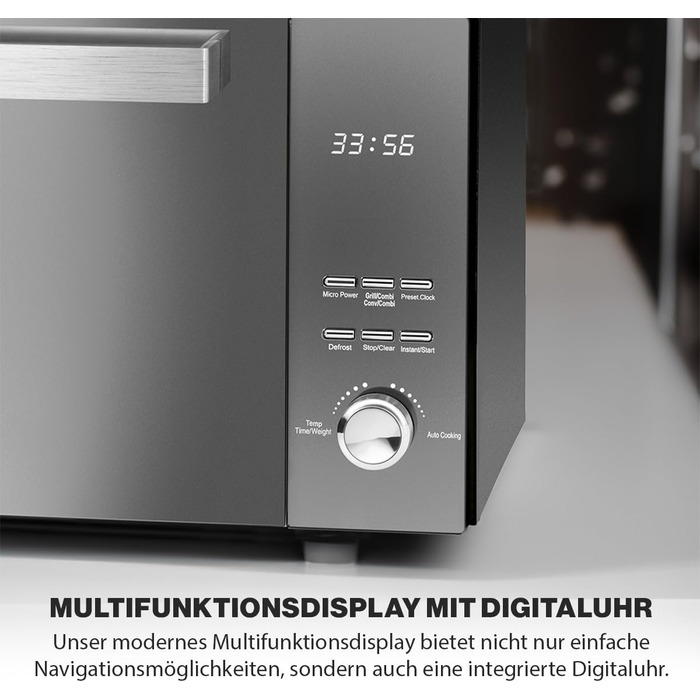 Мікрохвильова піч ProfiCook з грилем Мікрохвильова піч з великою варильною камерою на 23 літри Мікрохвильова піч без поворотного столу Мікрохвильова піч 1000 Вт Потужність гриля Двері дзеркала з вертикальним відкриванням PC-MWG 1204 чорний