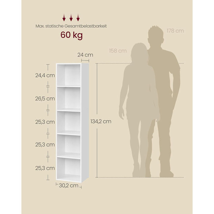 Колекція Custos - Книжкова полиця, 5-ярусна полиця, Відкрита полиця для зберігання, 24 x 30,2 x 134,2 см, для вітальні, домашнього офісу, їдальні, Хмарно-білий LBC419W01 5 ярусів (30,2Ш см) Хмарно-білий