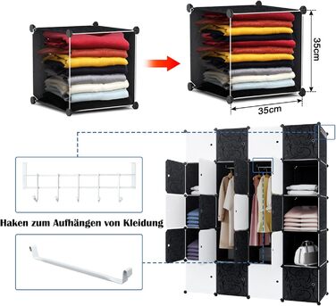 Система полиць для гардеробу HENGMEI з дверцятами, пластик ПП, для зберігання одягу та книг, самостійне складання, вставний стелаж (20 коробок з дверцятами, з 2 рейками для одягу, чорний)