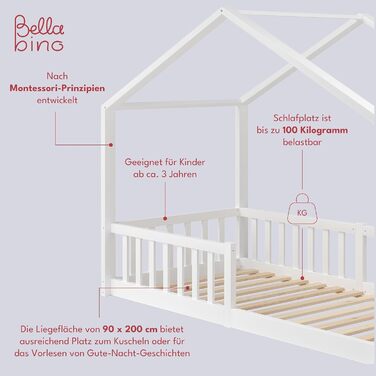 Дитяче ліжко Bellabino Bia 90x200 см, дитяче ліжко для дому з захистом від випадіння та висувною рейковою рамою, підлогове ліжко М
