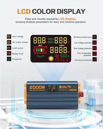 Інвертор потужністю 2000 Вт Чиста синусоїда постійного струму від 12 В до 230 В змінного струму з 2 розетками для зарядки змінного струму Автомобільний та сонячний перетворювач енергії для транспортних засобів та дому РК-дисплей та USB-порти для зарядки 2