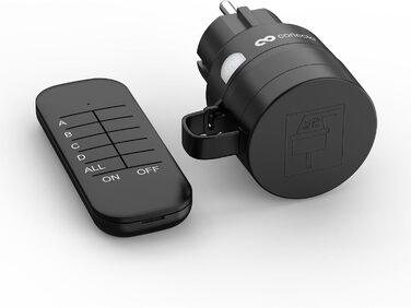 Бездротові розетки conecto з дистанційним керуванням назовні, 2300 Вт, 230 В, 1 х розетка з бездротовим пультом, зовнішній комплект, IP44, енергозбереження, радіус дії 30 м, чорний