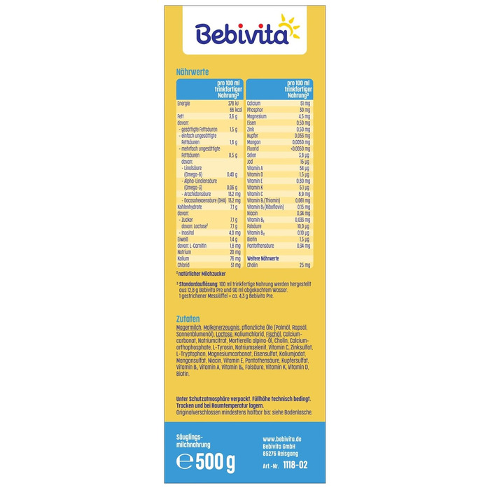 Молочна суміш для немовлят Bebivita PRE (5 x 500 г), з народження, містить лише лактозу як вуглевод, підходить для прикорму 500 г (5 упаковок)
