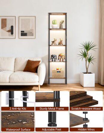 Торшер з полицею, світлодіодний світильник з регульованою яскравістю, 3 колірні температури, сенсорне та дистанційне керування, книжкова полиця з підсвічуванням, дерев&39яна окремостояча полиця, сучасний дизайн для вітальні, спальні, офісу (колір рустик-к