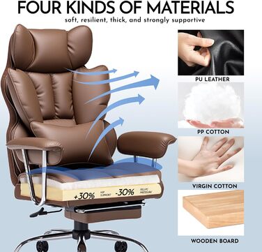 Ергономічне офісне крісло Efomao, крісло керівника зі штучної шкіри, офісне крісло вантажопідйомністю 200 кг з підставкою для ніг та поперековою опорою, регульоване крісло з високою спинкою, колір Brown De Brown