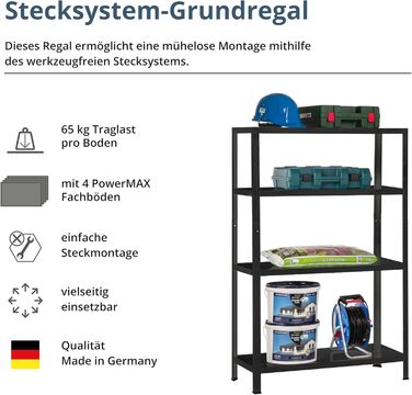 Система полиць SCHULTE з 4 полицями PowerMAX, вантажопідйомність 65 кг, 180x60x40 см (ВxШxГ), чорне текстуроване покриття, полиця для зберігання, полиця для майстерні, полиця для підвалу, полиця для гаража, металева полиця
