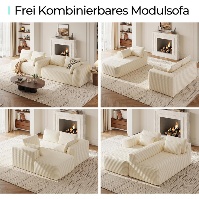 Кутовий диван LINSY HOME зі сном - Модульний розкладний диван з вельвету 270 см, L-подібний диван, 3-місний диван з пуфом, секційний диван для вітальні, не потребує складання, бежевий вельвет