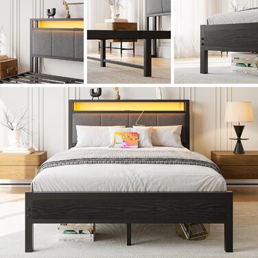 Ліжко 120x200 см, каркас ліжка із зарядною станцією, міцне металеве ліжко з дерев&39яним узголів&39ям для зберігання та тканиною, гостьове ліжко, двоспальне/односпальне ліжко, каркас ліжка для гостьової кімнати, металеве з рейковою основою, чорне, 120 x 2