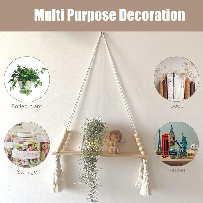 Набір з 2 макраме настінна полиця дерев'яна підвісна полиця настінна полиця бохо прикраса стін бавовняна мотузка з дерев'яними кит