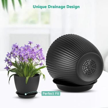 Набір з 6 квіткових горщиків з блюдцями, 6 розмірів горщиків для рослин 17,5/15,5/14/12,5/11,5/10 см, пластикові квіткові горщики для кімнатних та балконних садів, набір горщиків для рослин, чорний