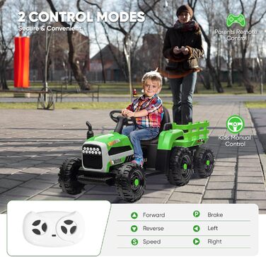 Дитячий електричний трактор, 12В 3-швидкісний трактор зі знімним причепом та пультом дистанційного керування 2.4G, дитячий електро
