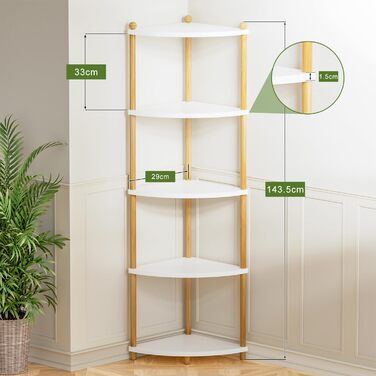 Кутова полиця Ruichang, стояча, 5 ярусів, книжкова полиця, окремостояча полиця, полиця для зберігання, складська полиця для кухні, ванної кімнати, вітальні, офісу, 143,5 x 29 x 29 см, біла
