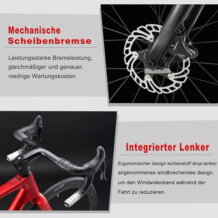 Шосейний/гравійний велосипед 28 дюймів з карбоновою рамою та вилкою, дисковими гальмами Shimano 22 швидкості, карбоновим кермом та підсідельним штирем для чоловіків та жінок, червоний, 53 см