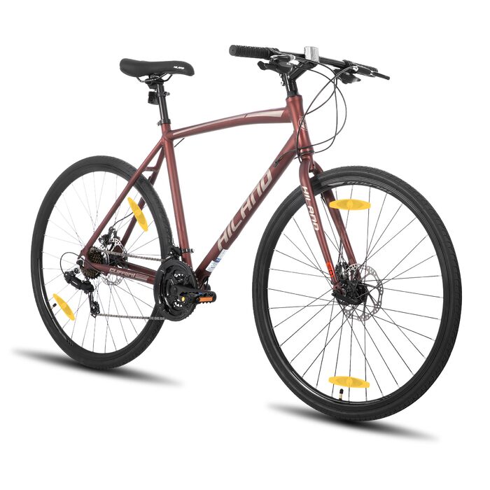 Шосейний велосипед Hiland 28 дюймів, 21 передача, міський велосипед для чоловіків з дисковими гальмами, рама 530 мм, комфортний шосейний велосипед, колеса 700C, чорний/червоний/срібний, розмір M