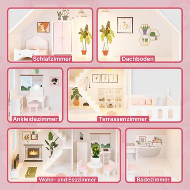 Дерев&39яний ляльковий будиночок Барбі, великий 118 см Kinderplay 3-поверховий ляльковий будиночок для дітей з меблями, світлодіодними лампами, наклейками та аксесуарами сучасний дерев&39яний ігровий будиночок, подарунок для дітей віком від 3 років, білий