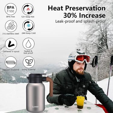 Кавник Luvan 2L з нержавіючої сталі 316 з подвійними стінками та вакуумною ізоляцією, термос для кави, кавовий поршень для термоса, ізольований горщик для соку/молока/чаю (сріблястий)