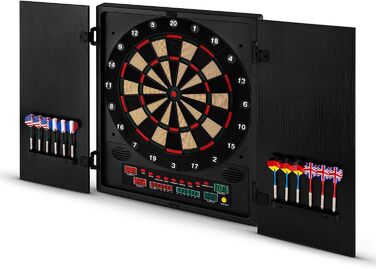 Електронний дартс oneConcept Dartmaster 180, E-Darts, Мішень для гри в дартс до 8 гравців, віртуальний суперник, світлодіодні дисплеї, 12 чорних дротиків з малюнком
