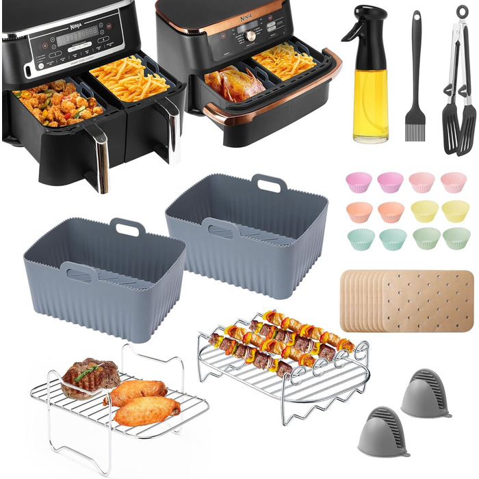 Аксесуари для фритюрниці ENSINE, аксесуари для фритюрниці для фритюрниці Ninja AF400EU, AF500EU, 9-10.4L XXL, включаючи силіконову форму, масляний спрей, решітку для гриля, силікон форми для випічки, папір для випічки тощо. НАБІР 22 шт.