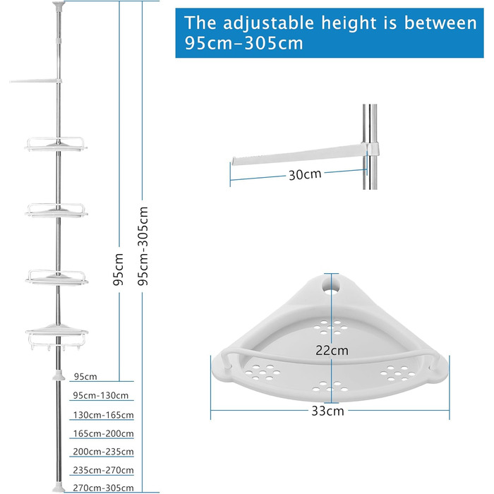 Душова полиця регульована по висоті без свердління Душова полиця кутова з нержавіючої сталі Кутова полиця для ванної кімнати Полич