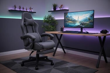 Геймерське крісло з підставкою для ніг мякі підлокітники регульована висота масажна подушка сірий