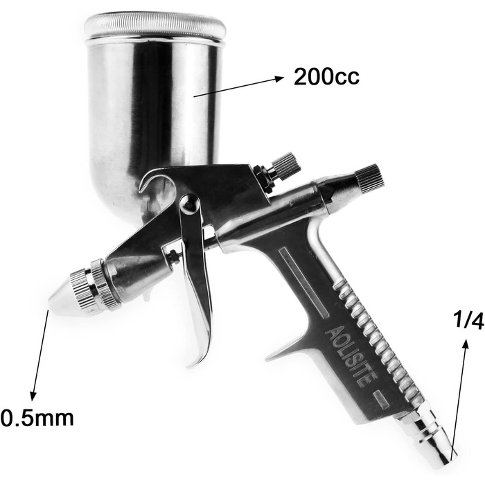 Створити ідею Міні-фарборозпилювач з гравітаційною подачею, сопло 0,5 мм, 200 куб.см, 50 фунтів на кв.дюйм, 1/4 дюйма впускного отвору, аерограф, інструмент для фарбування, гравітаційна подача, інструмент для ремонту автомобільних меблів