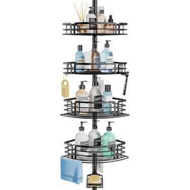 Кутова полиця для душу без свердління, телескопічна, регульована по висоті. Тримач для шампуню з 4 кошиками, нержавіюча сталь (70-267 см, чорний). Чорна 4-кошикова телескопічна полиця.