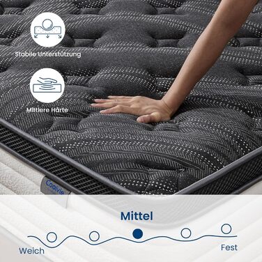 Матрац Coolvie 90x200 см, висота 25 см, ортопедичний та ергономічний пружинний матрац, 7-зонний комфортний пінопласт, рівень жорсткості 3, пружинний сердечник кишенькової форми з ізоляцією руху, сертифікований Oeko-Tex, 90x200x25 см