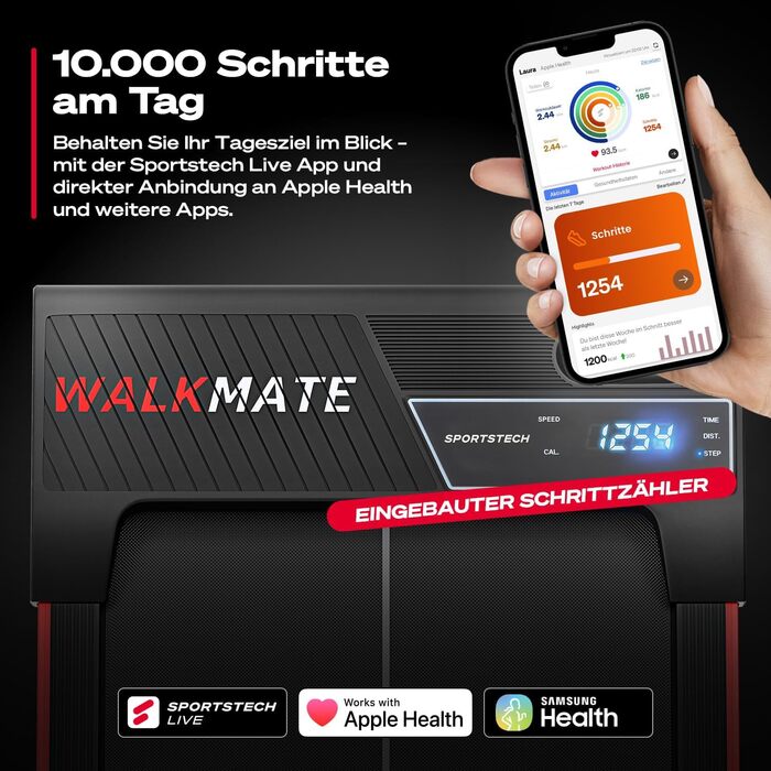 Килимок для ходьби Sportstech - Бігова доріжка для домашнього використання з нахилом до 9 1-6 км/год, включаючи підписку на додаток Домашній офіс, крокомір, легкий та компактний, транспортні колеса WalkMate до 120 кг Walkmate Black