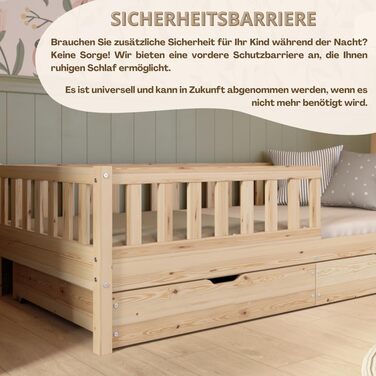 Дитяче ліжко з шухлядою 100x200 см Ліжко Монтессорі з масиву дерева із захистом від падіння Безпечне дитяче ліжко Скандинавський дизайн, легке складання Crazy Basic 200 x 100 см з натурального дерева з шухлядами