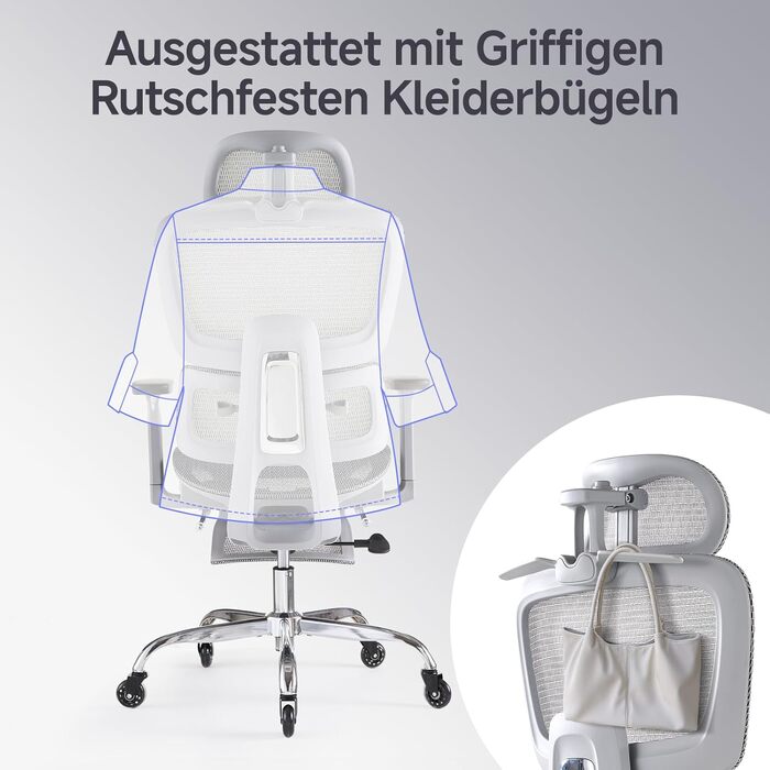 Ергономічне офісне крісло з підставкою для ніг та подушкою для шиї, 5-позиційне регулювання висоти спинки, 2D-підтримка попереку, 3D-підлокітники/підголівник, функція нахилу 145, сітчасте сидіння, гумові колеса, сірий колір.